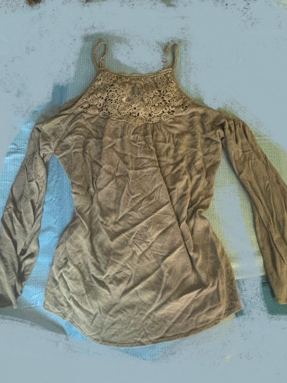 Green cold off the shoulder blouse lace detail cross cross back boho khaki